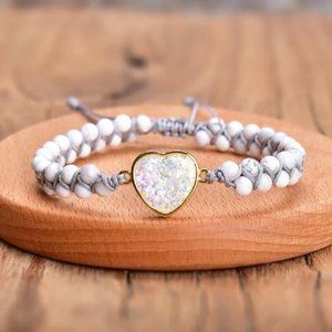Natural Howlite Opal Heart Charm Braided Bracelet